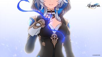 1girl breasts cipher_(honkai:_star_rail) cleavage copyright_name copyright_notice eyes_out_of_frame fingerless_gloves gloves grey_hair hair_ribbon head_out_of_frame highres honkai:_star_rail honkai_(series) hood hooded_jacket jacket light_smile mole mole_on_breast official_art ribbon short_hair string string_of_fate