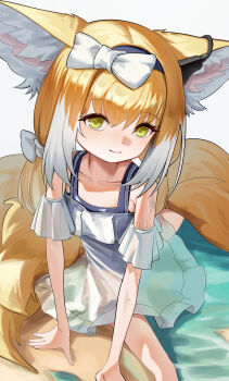 1girl absurdres animal_ear_fluff animal_ears aoi_wakashi_chiyo arknights blonde_hair blue_hairband bow commentary dated_commentary fox_ears fox_girl fox_tail green_eyes hair_bow hairband highres looking_at_viewer multiple_tails smile solo suzuran_(arknights) swimsuit tail