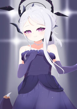 1girl absurdres arms_up bare_shoulders bead_necklace beads blue_archive blurry blurry_background demon_horns demon_wings dress elbow_gloves gloves halo highres hina_(blue_archive) hina_(dress)_(blue_archive) horns jewelry long_hair looking_at_viewer necklace purple_dress purple_eyes purple_gloves smile solo takenoko_suiso white_hair wings
