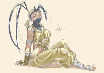 antenna_hair baggy_clothes bandaged_arm bandaged_leg bandages bandana barefoot black_hair bow breasts brown_eyes clothing_cutout donutaddic fingerless_gloves gloves hip_vent ibuki_(street_fighter) mask mouth_mask ninja ninja_mask on_floor ponytail signature street_fighter street_fighter_iii_(series) torn_clothes torn_sleeves waist_bow