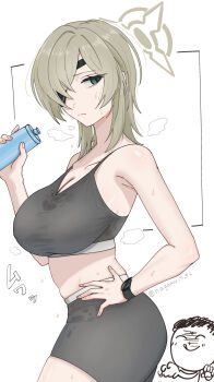 1girl bike_shorts blue_archive bottle breasts closed_mouth doodle_sensei_(blue_archive) eyepatch green_eyes halo hand_on_own_hip highres large_breasts medium_hair midriff nagomu_7_56 sensei_(blue_archive) solo sports_bra suou_(blue_archive) sweat watch water_bottle