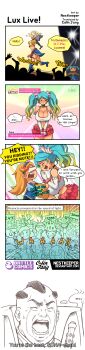 3girls 4koma 6+boys absurdres angry aqua_eyes art_shift blonde_hair blue_hair breasts cleavage comic crying closed_eyes gradient_hair heart highres huge_breasts swain_(league_of_legends) league_of_legends long_hair long_image lux_(league_of_legends) miniskirt multicolored_hair multiple_boys multiple_girls nestkeeper one_eye_closed open_mouth screaming short_twintails skirt sona_(league_of_legends) tall_image tears twintails