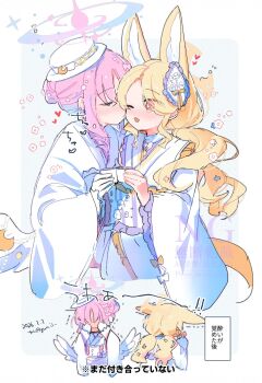 2girls :3 blue_archive dress drunk hair_over_one_eye halo heart highres imminent_kiss low_wings mika_(blue_archive) multiple_girls one_eye_closed seia_(blue_archive) short_hair simple_background tail watermark white_background white_dress wings yun_(dust-i1) yuri