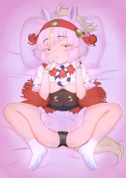 1girl absurdres animal_ears black_panties blonde_hair blue_eyes breasts breasts_out bridle brown_hair commentary_request extra_ears gloves hair_ornament highres horizontal_pupils horse_ears horse_girl horse_tail japari_symbol kemono_friends kemono_friends_3 looking_at_viewer lying masuyama_ryou medium_breasts multicolored_hair nipples nontraditional_miko on_back on_bed panties pantyshot pillow pink_hair ponytail sandals shinme_(kemono_friends) skirt solo spread_legs tabi tail two-tone_hair underwear zouri