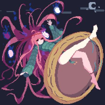 1girl barefoot commentary convenient_censoring floating floating_hair fox_mask full_body green_shirt hata_no_kokoro highres legs long_hair long_sleeves looking_at_viewer mask mask_on_head no_panties orange_skirt pink_eyes pink_hair pixel_art plaid_clothes plaid_shirt shirt skirt solo thighs touhou very_long_hair xin_wuwu