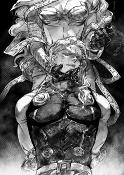 1boy 1girl angela_(marvel) arms_behind_back bound bound_arms breasts brother_and_sister chain chain_leash cleavage closed_eyes collar gloves greyscale hand_on_another's_chin hashtag-only_commentary head_out_of_frame highres holding holding_leash leash long_hair marvel metal_bra midriff monochrome muscular muscular_male parted_lips siblings siciyuanbianmu superhero_costume thor_(marvel) thor_(marvel)_(series) toned toned_female