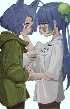 Rule 34 | 2girls, absurdres, animal ear fluff, animal ears, annoyed, antenna hair, blue hair, blush, bouhuman, bow, bowtie, breasts, cat ears, cat girl, closed mouth, coat, commentary request, crescent, crescent earrings, cropped legs, cross-eyed, earrings, green coat, green eyes, green highlights, hair ornament, hand on another's head, highres, holding, holding stuffed toy, jewelry, looking at object, looking down, multiple girls, open mouth, original, pom pom (clothes), pom pom hair ornament, red bow, shirt, short sleeves, simple background, small breasts, stuffed animal, stuffed cat, stuffed toy, sunglasses, twintails, white background, white shirt, yuri