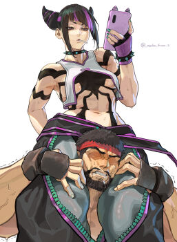 1girl asphyxiation beard between_thighs bracelet candy cellphone chaps clenched_teeth collar facial_hair food hair_horns han_juri head_between_thighs headband highres holding holding_phone jewelry lollipop multicolored_hair padded_gloves phone ryu_(street_fighter) scissorhold simple_background smartphone spiked_bracelet spiked_collar spikes streaked_hair street_fighter street_fighter_6 teeth tonko_from trembling