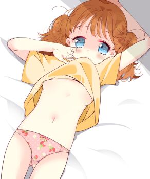 1girl arm_behind_head arm_up blue_eyes bow bow_panties breasts brown_hair clothes_lift commission floral_print floral_print_panties flower flower_panties flower_print food_print fruit_print gluteal_fold inasa_orange lifting_own_clothes loli long_hair lying multicolored_bow navel no_pants on_back original panties pink_panties pink_polka_dots pixiv_commission polka_dot polka_dot_panties print_panties shirt shirt_lift small_breasts solo stomach strawberry_blossoms strawberry_panties strawberry_print thighs twintails underwear yellow_shirt