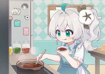 Rule 34 | 1girl, :q, ahoge, alternate costume, apron, blue apron, bowl, closed mouth, commentary request, cooking, food, green apron, green eyes, green hair, hair between eyes, hair ornament, highres, holding, indoors, kitchen, long hair, quanmian shidai, refrigerator, short sleeves, side ponytail, smile, solo, table, tongue, tongue out, wen xiaomian, wenxiaomian family, white hair
