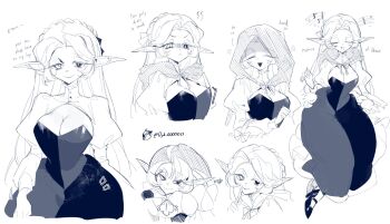 1girl asymmetrical_eyelashes breasts cleavage cloak cookie_run cookie_run:_kingdom disguise dress highres hood hooded_cloak humanization long_hair long_sleeves looking_at_viewer multiple_persona oyki0000013 pointy_ears shadow_milk_cookie shadow_milk_cookie_(female) simple_background slit_pupils smile solo very_long_hair white_hair
