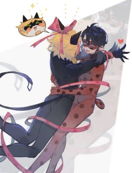 1boy 1girl animal_ears belt black_bodysuit black_hair blonde_hair blue_eyes blush bodysuit cat_ears chat_noir domino_mask eye_mask fufu49829 hands_on_another&#039;s_hips hands_on_another&#039;s_shoulders heart highres ladybug_(miraculous_ladybug) mask miraculous_ladybug polka_dot red_bodysuit red_ribbon ribbon simple_background sparkle superhero_costume twintails