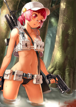 1girl aai_corporation airtronic_usa alternate_hair_color assault_rifle belt between_breasts black_panties blood breasts cameltoe cleavage cocked_hammer colt's_manufacturing_company colt_defense diemaco female_focus fingerless_gloves fio_germi glasses gloves grenade_launcher gun handgun hat highres holding jairou knife knight's_armament_company left-handed lewis_machine_and_tool_company m16 m203 metal_slug navel over_shoulder panties partially_submerged pink_hair pistol red_eyes rifle rm_equipment small_breasts smiley_face solo sweat tree twintails u.s._ordnance underbarrel_grenade_launcher underwear vest wading water weapon weapon_over_shoulder wet