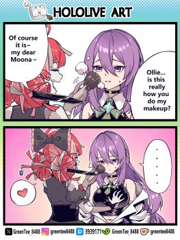 Rule 34 | absurdres, applying makeup, blush, bow, colored inner hair, colored skin, double bun, english text, gradient hair, grey skin, groping, hair between eyes, hair bow, hair bun, highres, hololive, hololive indonesia, kureiji ollie, kureiji ollie (1st costume), long hair, moona hoshinova, moona hoshinova (1st costume), multicolored hair, multiple girls, open mouth, patchwork skin, pink hair, purple eyes, purple hair, red hair, stitches, torn clothes, two-tone hair, virtual youtuber, yuri, zetsuental, zombie