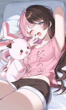 1girl absurdres arm_behind_head armpits black_hair blue_eyes commentary_request dolphin_shorts highres indoors long_hair looking_at_viewer lying midriff mui_maru multicolored_hair multicolored_nails navel on_back one_eye_closed open_mouth pink_hair pink_shirt shirt short_sleeves shorts sleep_mask solo split-color_hair stuffed_animal stuffed_rabbit stuffed_toy tachibana_hinano tachibana_hinano_(5th_costume) teeth two-tone_hair virtual_youtuber vspo! yawning