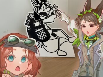 1girl 2boys absurdres actor_connection animal_ear_fluff animal_ears animification backpack bag blue_eyes book bottle brown_hair cardboard_cutout christina_costello collei_(genshin_impact) collei_(kiehls&#039;)_(genshin_impact) commentary cosplay crossover diary_of_a_wimpy_kid english_commentary english_text eyewear_on_head falling fox_boy fox_ears fox_tail full_body genshin_impact goggles goggles_around_neck goggles_on_head green_jacket greg_heffley grey_hood hair_ornament highres hood hooded_jacket jacket kanako_(fuwachu) kiehl&#039;s long_sleeves looking_at_viewer meme multiple_boys official_alternate_costume open_mouth photo_background pointing pointing_backward real_life shirt short_hair shorts solo tail tighnari_(genshin_impact) tighnari_(genshin_impact)_(cosplay) tighnari_(kiehls&#039;)_(genshin_impact) two_soyjaks_pointing_(meme) visor_cap voice_actor voice_actor_connection water_bottle wavy_hair wooden_floor zachary_gordon