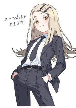 1girl belt belt_buckle black_belt black_jacket black_necktie black_pants black_suit blonde_hair blush buckle closed_mouth collared_shirt colored_eyelashes commentary_request cowboy_shot cropped_legs dress_shirt flipped_hair formal_clothes gakuen_idolmaster gradient_hair grey_hair hair_ornament hairclip hands_in_pockets highres idolmaster jacket kousuke0912 lapels long_hair looking_at_viewer multicolored_hair necktie open_clothes open_jacket orange_eyes pants parallel_hairclips parted_bangs shinosawa_hiro shirt shirt_tucked_in simple_background smile solo split_mouth standing suit suit_jacket translation_request white_background white_shirt