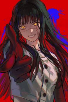 1girl black_hair chainsaw_man cigma colored_skin grin highres long_hair looking_at_viewer pointing pointing_at_viewer red_background red_hair red_skin ringed_eyes scar scar_across_eye scar_on_face simple_background smile solo war_devil_(chainsaw_man) yellow_eyes