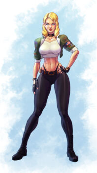 Rule 34 | abs, black pants, blonde hair, blue eyes, breasts, choker, crop top, cropped jacket, fingerless gloves, gloves, green jacket, hand on own hip, highres, jacket, jiggeh, large breasts, lips, lipstick, makeup, midriff, mortal kombat (series), navel, pants, red lips, shirt, short hair, smile, sonya blade, white shirt