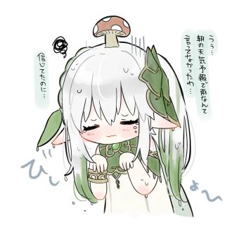 1girl armlet blush bracelet closed_eyes closed_mouth detached_sleeves dress eyelashes genshin_impact gold green_hair green_sleeves hair_between_eyes hair_ornament half_crown_braid hands_up highres jebac_pis jewelry leaf leaf_hair_ornament multicolored_hair mushroom_on_head nahida_(genshin_impact) nanakusa_yomogi pointy_ears solo streaked_hair translation_request wavy_mouth wet white_background white_dress white_hair