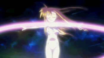 1girl animated animated_gif blonde_hair bra breasts closed_eyes completely_nude dissolving_clothes energy exploding_clothes feathers floating_hair glowing hair_down henshin lightning loli long_hair lyrical_nanoha mahou_shoujo_lyrical_nanoha_vivid navel nude official_art outstretched_arms panties small_breasts smile solo training_bra transformation trembling underwear unworn_clothes vivio