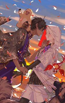 2boys arjuna_(fate) basket black_hair colored_skin commentary crab dark-skinned_male dark_skin dog falling_petals fate/grand_order fate_(series) from_side highres jewelry karna_(fate) karna_(summer_outfit)_(fate) male_focus monkey multiple_boys necklace pale_skin petals profile shirt short_hair shorts smile standing symbol-only_commentary white_hair white_shorts yaoi yeguangmusi