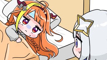 2girls amane_kanata bed blonde_hair blue_hair blush_stickers bow braid brown_hairband chibi closed_mouth commentary_request dragon_horns drawstring grey_hair grey_hoodie hairband highres hololive hood hood_down hoodie horn_bow horn_ornament horns kiryu_coco long_hair long_sleeves mochimiko multicolored_hair multiple_girls orange_hair pillow pointy_ears puffy_long_sleeves puffy_sleeves purple_eyes small_sweatdrop streaked_hair sweat turn_pale two-tone_hair under_covers virtual_youtuber white_background