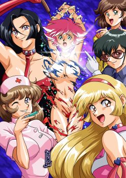 Rule 34 | 1990s (style), 6+girls, arm up, armband, arms up, artist name, bdsm, black hair, blonde hair, breasts, brown eyes, brown hair, choker, cleavage, completely nude, convenient censoring, cutie honey, cutie honey (character), dual persona, functionally nude, gloves, gluteal fold, green eyes, green hair, hair ornament, hairband, hat, heart, heart choker, henshin, highres, kisaragi honey, kurumi-lover, large breasts, lipstick, long hair, looking at viewer, looking down, looking to the side, makeup, medium breasts, medium hair, multiple girls, nagai gou, navel, nude, nurse, nurse cap, one eye closed, open mouth, pink hair, purple eyes, red hair, reporter, retro artstyle, shin cutie honey, shiny clothes, shiny skin, short hair, sideboob, smile, sunglasses, syringe, torn clothes, transformation, whip