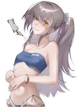 1girl ardi_blablabla belt bikini black_bikini blue_bikini bracelet breasts collarbone commentary corrupted_twitter_file girls'_frontline girls'_frontline_2:_exilium grey_hair hair_between_eyes highleg highleg_bikini highres jewelry lanyard leva_(girls'_frontline_2) leva_(sultry_tempo)_(girls'_frontline_2) long_hair looking_at_viewer one_side_up open_clothes open_fly open_mouth open_shorts scar scar_across_eye scar_on_face shorts sidelocks simple_background small_breasts smile solo stomach strapless strapless_bikini string_bikini swimsuit teeth torn_bikini torn_clothes ump45_(girls'_frontline) upper_body white_background white_shorts yellow_belt yellow_eyes