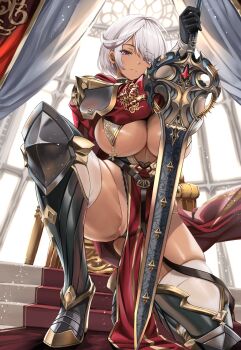 1girl areola_slip armored_boots ayamo_kaoru black_gloves black_panties boots breasts clothing_cutout commentary_request dark-skinned_female dark_skin from_below gloves highres holding holding_sword holding_weapon huge_breasts indoors knee_boots lace lace_panties long_sleeves looking_at_viewer looking_down original panties pelvic_curtain purple_eyes solo sword thighhighs underboob_cutout underwear weapon white_hair white_thighhighs