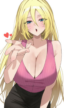 Rule 34 | 1girl, absurdres, bare shoulders, black skirt, blonde hair, blue eyes, blush, boruto: naruto next generations, breasts, cleavage, commentary, commission, english commentary, facial mark, genderswap, highres, large breasts, looking at viewer, mango (mango0208), naruto (series), one eye closed, open mouth, pink shirt, pixiv commission, sexy no jutsu, shirt, skirt, solo, uzumaki boruto, whisker markings