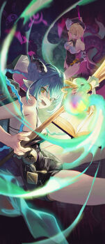 2girls 2others absurdres accessories animal_ears arm_up armpits asymmetrical_shorts bangboo_(zenless_zone_zero) bare_shoulders black_bow black_hat black_horns black_unitard blonde_hair blue_hair book bow braid braided_twintails breasts commentary_request covered_navel dark_background detached_sleeves ethereal_(zenless_zone_zero) from_side goat goat_ears goat_girl goat_horns goat_tail hair_between_eyes hammer hand_on_own_leg hat high-waist_shorts highres holding holding_behind_back holding_book holding_hammer holding_staff holding_weapon holding_weapon_behind_back horizontal_pupils horns large_breasts long_hair looking_to_the_side lucia_elowen magic medallion mole mole_under_mouth momo_(2240807) monster_girl multiple_girls multiple_others open_mouth pointy_ears purple_eyes scylla short_hair shorts single_bare_shoulder single_thighhigh smile staff tail tentacle_girl tentacle_tail tentacles thighhighs weapon yellow_eyes yidhari_murphy zenless_zone_zero