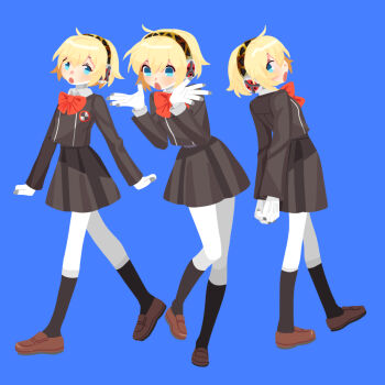 Rule 34 | 1girl, :o, aigis (persona), black jacket, black skirt, black socks, blonde hair, blue eyes, bow, brown shoes, collared shirt, full body, gekkoukan high school uniform, hairband, highres, jacket, kneehighs, loafers, looking at viewer, multiple girls, multiple views, persona, persona 3, school uniform, shirt, shoes, short hair, skirt, socks, yomyompi