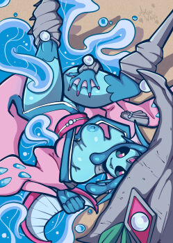 1girl absurdres ariemon artsu_waifu black_sclera blue_skin colored_sclera colored_skin digimon digimon_(creature) digimon_liberator female_focus highres honey nail_polish pink_eyes sand