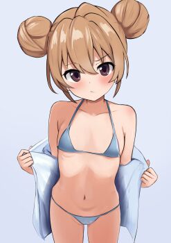 1girl absurdres aisaka_taiga bikini blue_bikini brown_eyes brown_hair cowboy_shot double_bun file_mei_naraku flat_chest hair_bun highres loli long_hair navel official_alternate_hairstyle open_clothes open_shirt solo swimsuit toradora!
