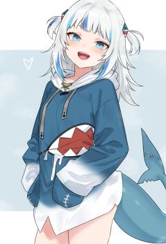 1girl absurdres blue_background blue_eyes blue_hair blue_jacket bluefield blush cowboy_shot fins fish_tail gawr_gura gawr_gura_(1st_costume) hands_in_pockets heart highres hololive hololive_english jacket long_sleeves looking_at_viewer multicolored_hair open_mouth shark_girl shark_tail sharp_teeth solo streaked_hair tail teeth thighs two-tone_background two_side_up virtual_youtuber white_background white_hair