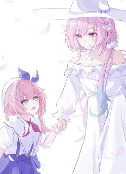 Rule 34 | 2girls, aged down, aqua hair, beret, blue eyes, blue skirt, cyrene (aedes elysiae) (honkai: star rail), cyrene (honkai: star rail), cyrene (ripples of past reverie) (honkai: star rail), diamond-shaped pupils, diamond (shape), dress, dual persona, hat, highres, holding hands, honkai: star rail, honkai (series), iooqq, long hair, multiple girls, official alternate costume, pink hair, purple eyes, shirt, simple background, skirt, smile, sun hat, sundress, suspender skirt, suspenders, symbol-shaped pupils, white background, white dress, white hat, white shirt