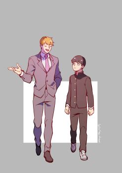 2boys absurdres black_eyes black_hair black_jacket black_pants black_shoes blonde_hair closed_mouth commentary english_commentary formal_clothes full_body gakuran grey_background grey_jacket grey_pants grey_suit highres jacket kageyama_shigeo long_sleeves looking_at_another lydialing_draws male_focus mob_psycho_100 multiple_boys necktie open_mouth pants pink_necktie reigen_arataka school_uniform shoes short_hair smile suit walking white_shoes