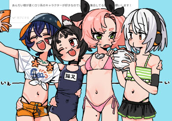 4girls absurdres aged_down alternate_breast_size_(smaller) anby_demara andii_(anzai_teachco) animal_ear_fluff animal_ears belle_(summer_skies)_(zenless_zone_zero) belle_(zenless_zone_zero) bikini bikini_skirt black_choker black_hair blue_hair blush breasts burger cat_ears cat_girl cellphone choker commentary_request crop_top eating fang food green_eyes headphones heart heart_necklace highres holding holding_food holding_phone jewelry mole mole_on_breast multiple_girls necklace nekomiya_mana nicole_demara one_eye_closed orange_shorts phone pink_hair school_swimsuit selfie shirt short_hair short_shorts short_sleeves shorts simple_background small_breasts smartphone striped_bikini striped_clothes sweat swimsuit translation_request white_hair white_shirt zenless_zone_zero