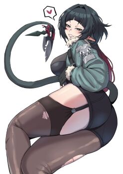 1girl 2024 absurdres animal_ears ass black_hair black_shorts breasts brown_pantyhose brown_thighhighs coat ear_piercing female_focus gradient_hair grey_coat half-closed_eyes hashtag-only_commentary heart highres holding holding_knife jane_doe_(zenless_zone_zero) knife lace_trim lips long_hair looking_at_viewer mg991998 mouse_ears mouse_girl mouse_tail multicolored_hair nail_polish pantyhose piercing prehensile_tail red_hair seductive_smile shorts sideboob simple_background single_leg_pantyhose single_thighhigh sleeveless smile solo spoken_heart standing tail thick_thighs thighhighs thighs torn_clothes torn_pantyhose torn_thighhighs two-tone_hair white_background zenless_zone_zero