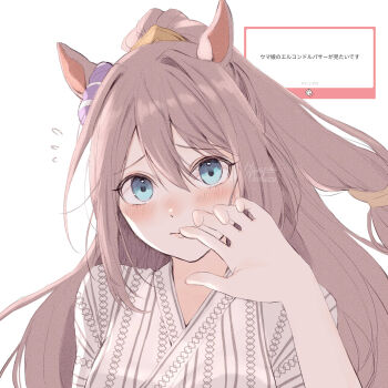 1girl animal_ears artist_name blue_eyes blush breasts brown_hair ear_ornament ear_scrunchie el_condor_pasa_(umamusume) hair_between_eyes hanasaka_(9769z) highres horse_ears horse_girl japanese_clothes kimono long_hair looking_at_viewer low-tied_long_hair ponytail umamusume yukata