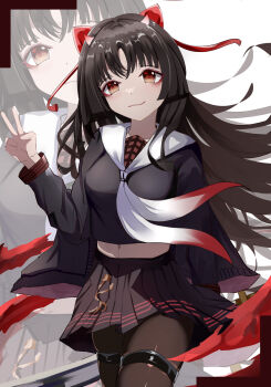 1girl absurdres azur_lane black_cardigan black_hair black_serafuku black_skirt bow breasts brown_pantyhose cardigan commentary cowboy_shot hair_bow highres long_hair long_sleeves looking_at_viewer medium_breasts midriff miniskirt neckerchief open_cardigan open_clothes pantyhose pleated_skirt red_bow red_eyes red_neckerchief sailor_collar sakawa_(azur_lane) school_uniform serafuku skirt small_horns smile solo tangcu thigh_strap two-tone_neckerchief v very_long_hair white_background white_neckerchief white_sailor_collar zoom_layer