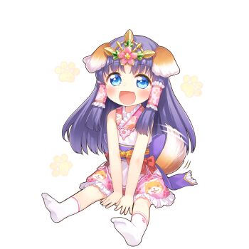 1girl aged_down animal_ears bare_shoulders blue_eyes circlet dog_ears dog_girl dog_tail floppy_ears hands_on_ground japanese_clothes kito_(sorahate) long_hair open_mouth purple_hair satomi_nami sitting socks tail tail_wagging uchi_no_hime-sama_ga_ichiban_kawaii white_socks