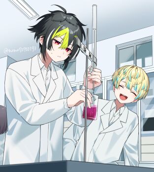 Rule 34 | 2boys, beaker, black hair, blonde hair, blue hair, cabinet, closed eyes, coat, collared shirt, colored tips, commentary, frown, green hair, hibachi mana, highres, holding beaker, inami rai, indoors, lab coat, long sleeves, male focus, multicolored hair, multiple boys, nana72710193, nijisanji, object request, open mouth, red eyes, shirt, smile, teeth, tongue, twitter username, upper body, upper teeth only, virtual youtuber, white coat, white hair, white shirt