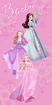 3girls barbie_(character) barbie_(franchise) black_hair blonde_hair blue_eyes caption cinderella_(fairy_tale) cinderella_(fairy_tale_character) copyright_name corset crown curly_hair curtsey doll dress earrings floral_background floral_print flower formal_clothes glass_slipper gown green_dress green_eyes head_tilt high_heels highres holding holding_flower holding_pillow holding_shoes holding_unworn_clothes hugging_object jewelry juliet_sleeves logo long_dress long_sleeves multiple_girls name_tag okitafuji paneled_background pillow pink_background pink_dress princess_and_the_pea puffy_short_sleeves puffy_sleeves purple_dress red_hair rose see-through_clothes see-through_sleeves shoes short_sleeves single_shoe skirt_hold sleeping_beauty_(disney) sleeping_beauty_(fairy_tale) sleeping_beauty_(fairy_tale_character) smile square_neckline star_(symbol) tiara unworn_shoes