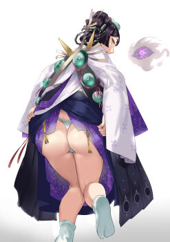 1girl ass black_hair black_skirt blue_eyes clothes_lift doumeki_(onmyoji) extra_eyes female_focus from_behind fundoshi hair_bun highres hitodama japanese_clothes kneepits layered_skirt lifting_own_clothes long_hair looking_at_viewer looking_back mooning onmyoji open_mouth purple_skirt short_eyebrows single_hair_bun skirt skirt_lift solo tabi thong white_legwear wide_sleeves yellow_eyes yonoki