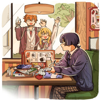 1girl 2boys ^_^ alternate_costume arm_up artist_name bags_under_eyes black_eyes black_hair blazer blonde_hair blunt_ends blush_stickers book book_stack bookmark border bow bowtie brown_pants brownie_(food) bubble_tea bush cafe cake cake_slice cardigan closed_eyes collared_shirt contemporary couch cup curled_fingers disposable_cup drinking_straw eraser facing_another fingernails flower food fruit genshin_impact glass hair_between_eyes hair_flower hair_ornament hands_up highres holding holding_book holding_pen indoors jacket lapels long_sleeves looking_at_another lumine_(genshin_impact) menu multiple_boys necktie notebook open_book open_hand open_mouth orange_hair pants parfait partially_unbuttoned pen pink_sweater_vest plaid_clothes plaid_pants pudding purple_cardigan purple_necktie purple_sleeves red_bow red_bowtie red_jacket red_shirt red_sleeves sanpaku scaramouche_(genshin_impact) school_uniform shirt short_hair short_hair_with_long_locks sidelocks sitting standing strawberry sweater_vest table taka35_35 tape tartaglia_(genshin_impact) tree undershirt waving_arms white_border white_flower white_shirt white_sleeves window writing