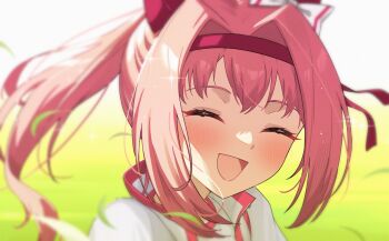 1girl :d blush closed_eyes floating_hair hair_intakes hairband haru_urara_(bestest_prize)_(umamusume) haru_urara_(umamusume) highres long_hair open_mouth pink_hair ponytail portrait profnote red_hairband smile solo umamusume