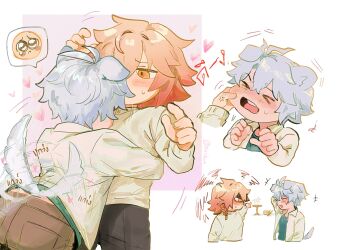 2boys animal_ears antenna_hair black_choker blonde_hair blue_eyes blush braid cheek_pinching choker collared_shirt commentary dog_boy dog_ears dog_tail gradient_hair highres honkai:_star_rail honkai_(series) maiikun male_focus medium_hair multicolored_hair multiple_boys mydei_(honkai:_star_rail) parted_bangs phainon_(honkai:_star_rail) pinching red_hair shirt short_hair side_braid sweater tail tail_wagging white_hair white_shirt white_sweater yaoi yellow_eyes