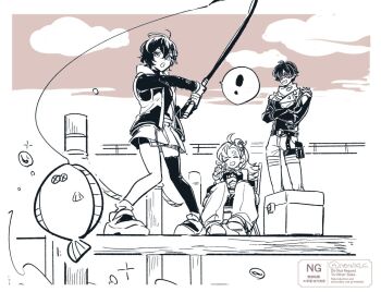 ! 1boy 2girls belle_(zenless_zone_zero) closed_eyes cloud crossed_arms fish fishing fishing_rod glasses hair_between_eyes lighter_(zenless_zone_zero) long_hair multiple_girls nendo_(n) piper_wheel short_hair sitting zenless_zone_zero